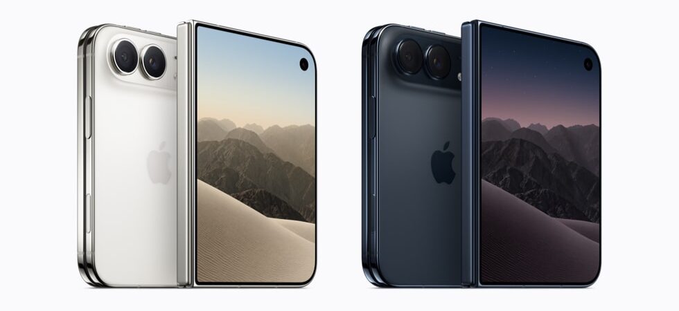 Skládací iPhone Duo ve dvou barevných variantách, rozložený i složený