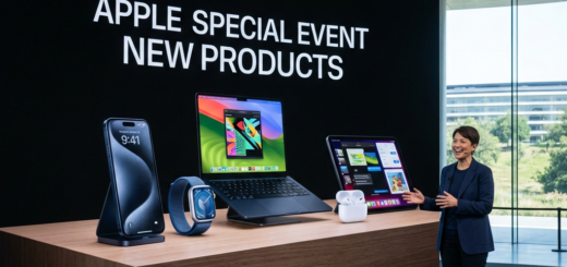 Apple Special Event New Products display with iPhone, Apple Watch, MacBook, iPad, and AirPods