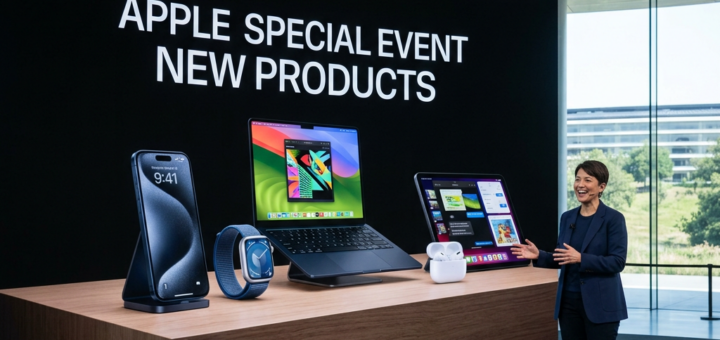 Apple Special Event New Products display with iPhone, Apple Watch, MacBook, iPad, and AirPods