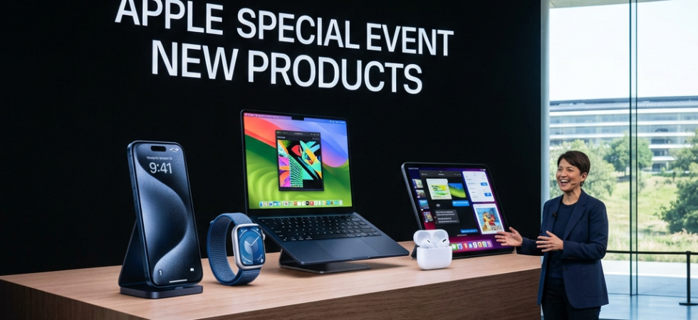 Apple Special Event New Products display with iPhone, Apple Watch, MacBook, iPad, and AirPods