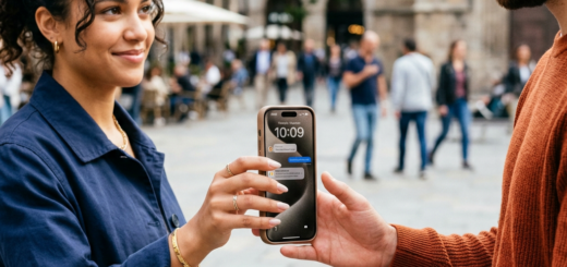 Two people exchanging a smartphone for contactless payment in a city square