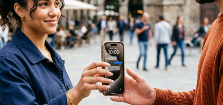 Two people exchanging a smartphone for contactless payment in a city square