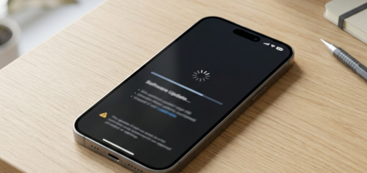 Smartphone showing a loading software update on a wooden desk
