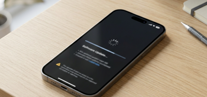 Smartphone showing a loading software update on a wooden desk
