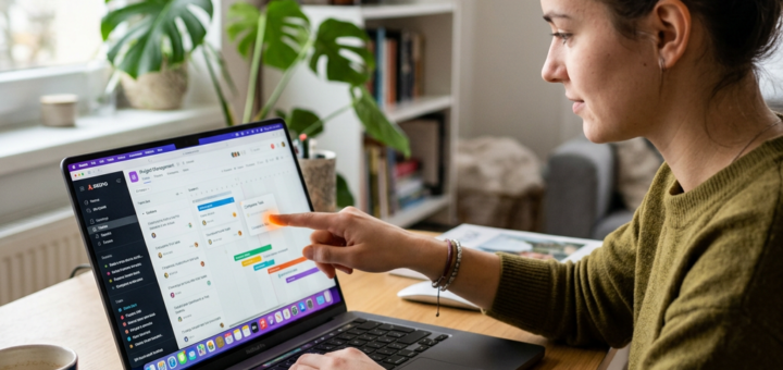 Woman organizing project tasks on a laptop at home