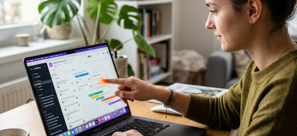 Woman organizing project tasks on a laptop at home